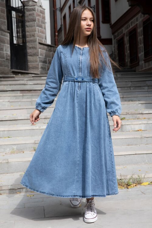 Mavi Uzun Kollu Önü Fermuarlı Kız Çocuk Kuşaklı Jean Elbise  22741