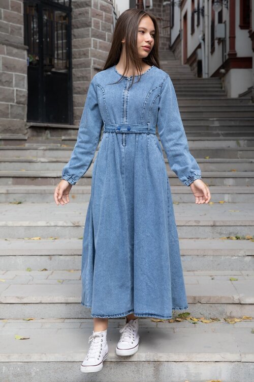 Mavi Uzun Kollu Önü Fermuarlı Kız Çocuk Kuşaklı Jean Elbise  22741