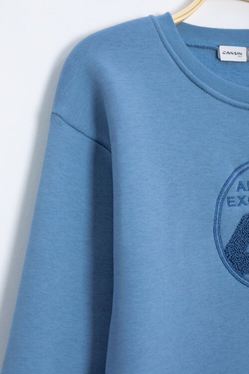 Mavi Yazı Nakışlı Bisiklet Yaka Erkek Çocuk Şardonlu Sweatshirt 23246