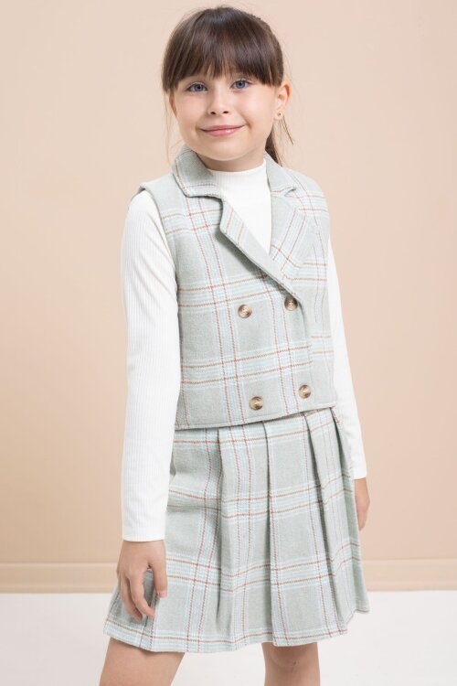 Mint Ekose Desenli Düğme Detaylı Ceketli Kız Çocuk 2li Takım 21542