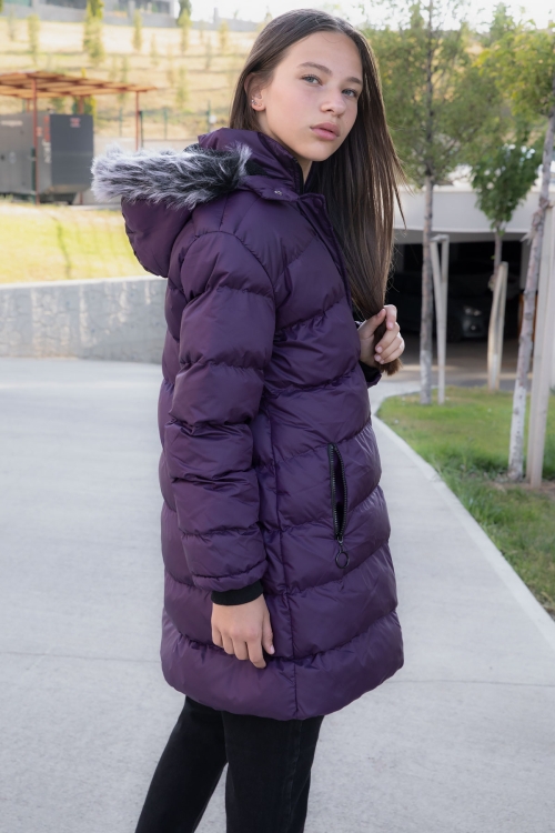 Mor İçi Kürklü Çıtçıtlı Kapüşonlu Kız Çocuk Şişme Mont 21325