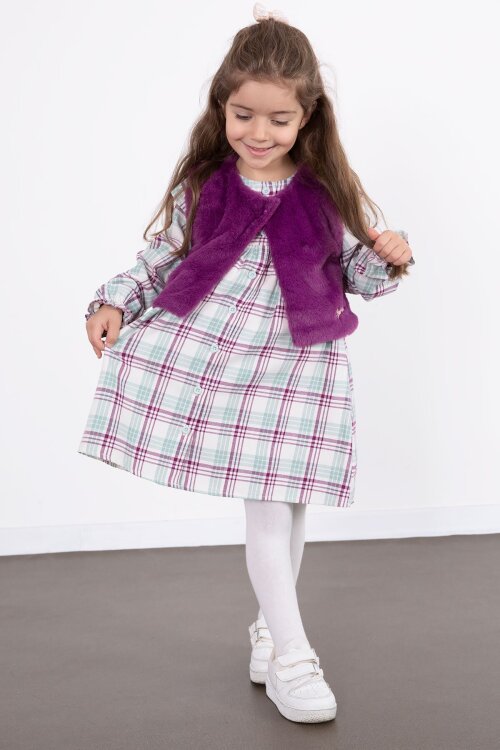 Mor Kız Çocuk Peluş Yelekli Ekose Desenli Elbise 22697