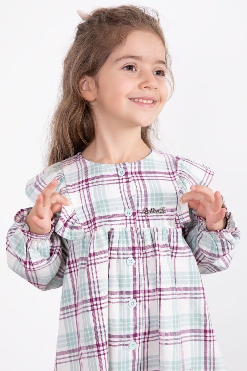 Mor Kız Çocuk Peluş Yelekli Ekose Desenli Elbise 22697