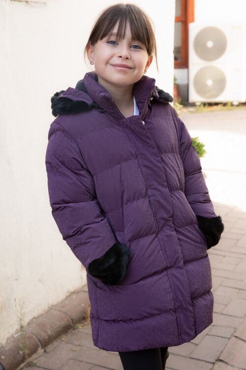 Mor Kolu Kürk Detaylı İçi Yünlü Kız Çocuk Kapüşonlu Şişme Mont 21327
