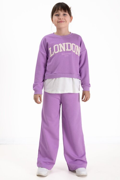 Mor London Yazılı Nakışlı Kız Çocuk Geniş Paça Eşofman Takımı 22725
