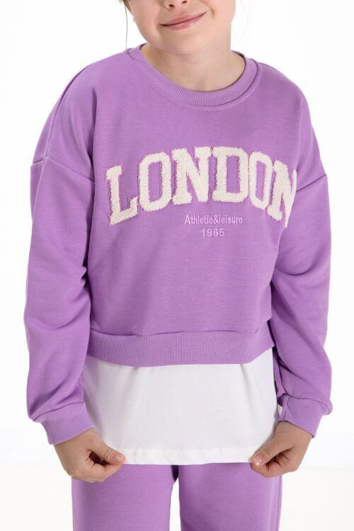 Mor London Yazılı Nakışlı Kız Çocuk Geniş Paça Eşofman Takımı 22725