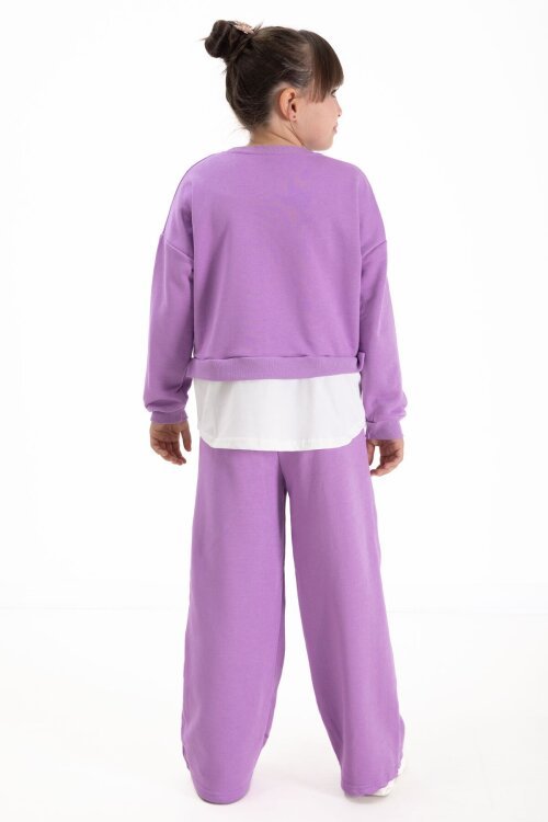 Mor London Yazılı Nakışlı Kız Çocuk Geniş Paça Eşofman Takımı 22725