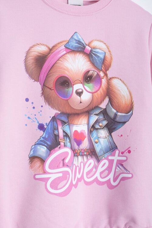 Pembe Ayıcık Baskılı Beli Lastikli Kız Çocuk Eşofman Takımı  22752