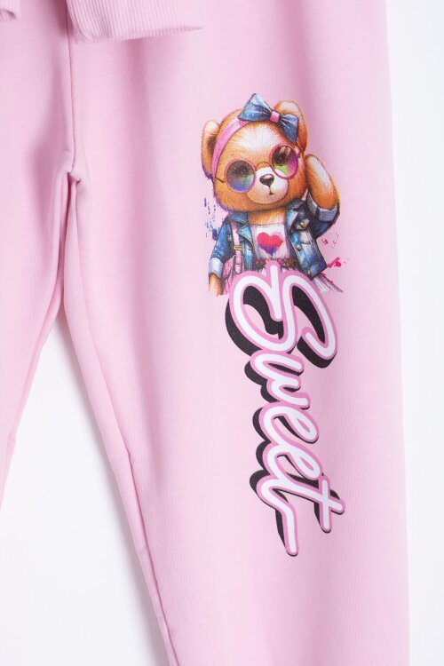 Pembe Ayıcık Baskılı Beli Lastikli Kız Çocuk Eşofman Takımı  22752