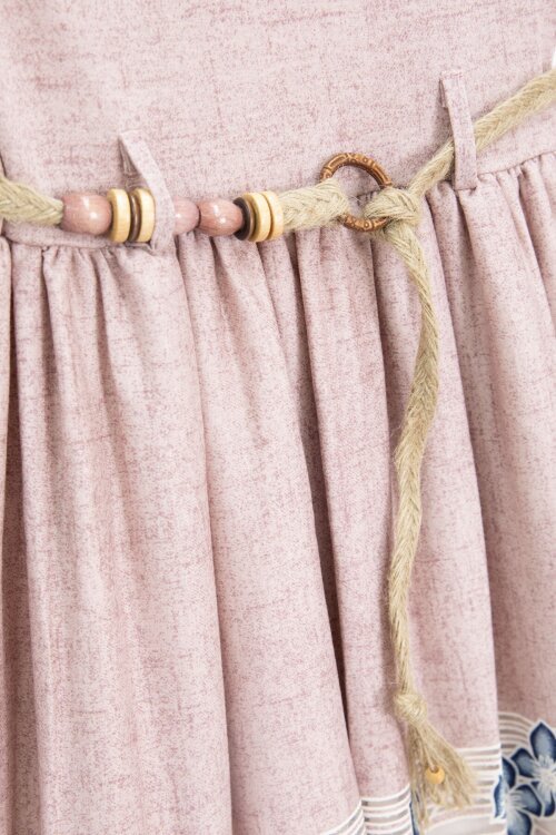 Pembe Çiçek Desenli Hasır Kuşaklı Kısa Kol Kız Çocuk Elbise 22676