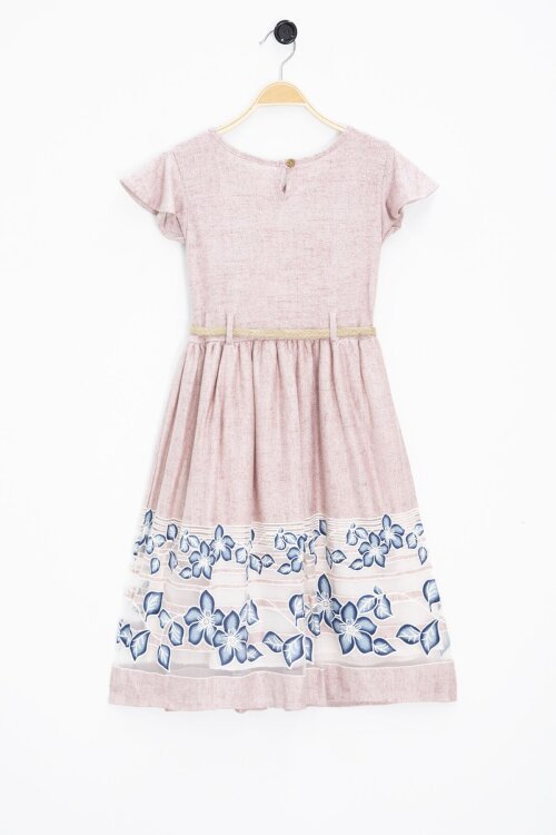Pembe Çiçek Desenli Hasır Kuşaklı Kısa Kol Kız Çocuk Elbise 22676