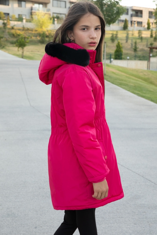 Pembe Çıtçıtlı Cepli Esnek Bel İçi Kürklü Kız Çocuk Kapüşonlu Mont 21307