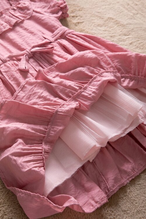 Pembe Fırfır Detaylı Kısa Kol Kız Çocuk Pileli Elbise  22651