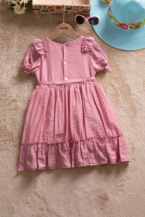 Pembe Fırfır Detaylı Kısa Kol Kız Çocuk Pileli Elbise  22651