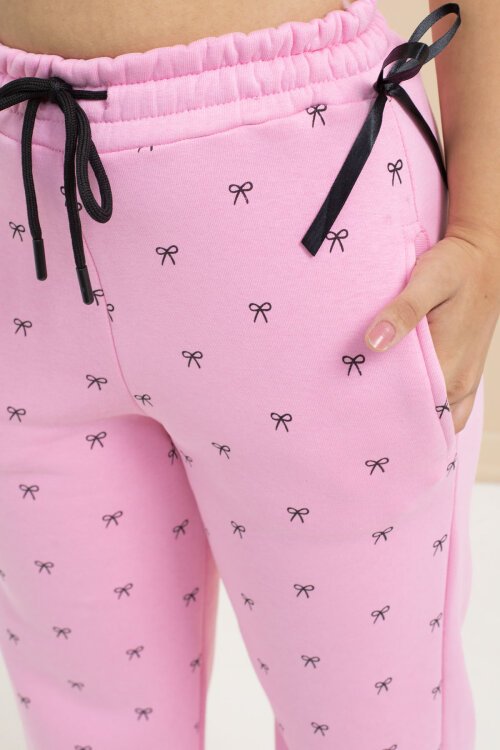 Pembe Fiyonk Baskılı Geniş Paça Kız Çocuk Şardonlu Eşofman Altı 23425