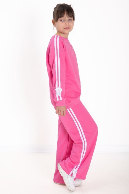 Pembe Fiyonk Detaylı Şeritli Kız Çocuk Bisiklet Yaka Eşofman Takımı 22731