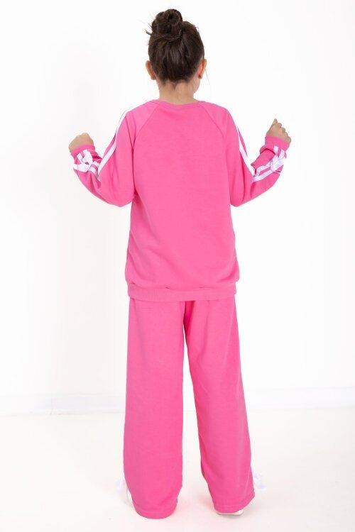 Pembe Fiyonk Detaylı Şeritli Kız Çocuk Bisiklet Yaka Eşofman Takımı 22731