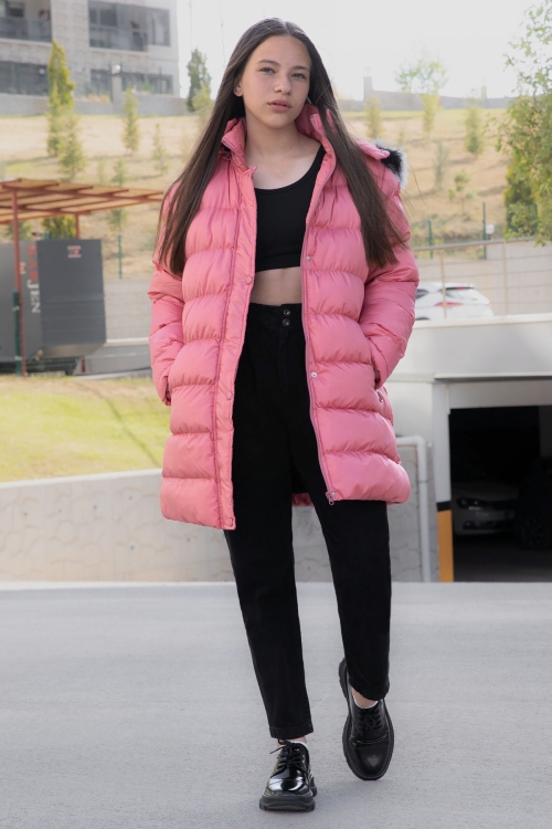 Pembe İçi Kürklü Çıtçıtlı Kapüşonlu Kız Çocuk Şişme Mont 21319