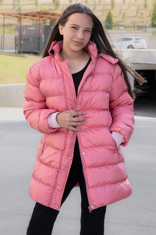 Pembe İçi Kürklü Çıtçıtlı Kapüşonlu Kız Çocuk Şişme Mont 21319