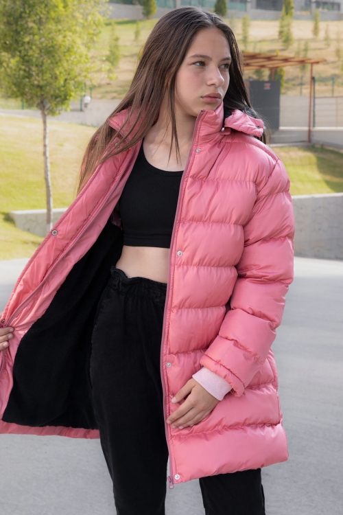 Pembe İçi Kürklü Çıtçıtlı Kapüşonlu Kız Çocuk Şişme Mont 21319