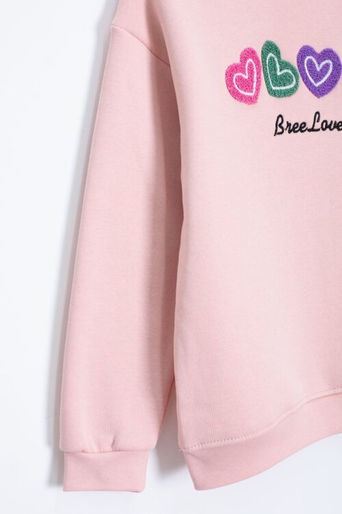 Pembe Kalp Nakışlı Bisiklet Yaka Kız Çocuk Şardonlu Sweatshirt 23251