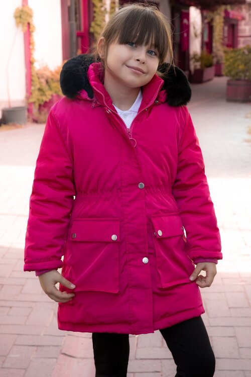 Pembe Kapaklı Cepli İçi Kürklü Çıkarılabilir Kapüşonlu Kız Çocuk Şişme Mont 21483