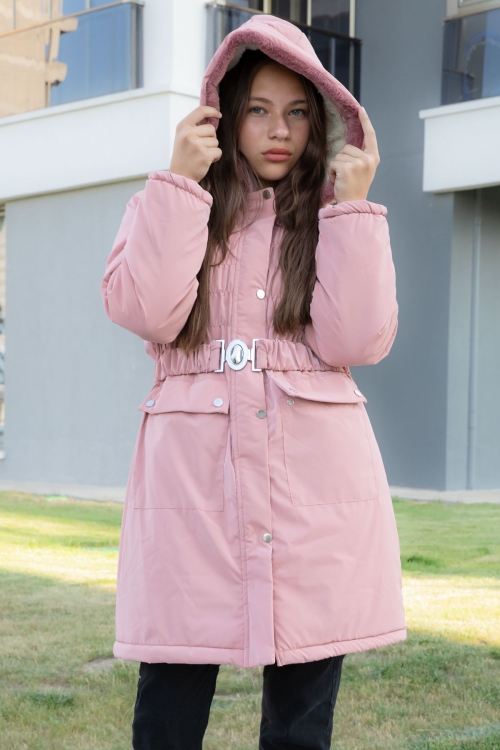 Pembe Kemerli Nubuk Kumaş Kız Çocuk İçi Kürklü Kapüşonlu Şişme Mont 21312