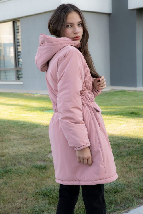 Pembe Kemerli Nubuk Kumaş Kız Çocuk İçi Kürklü Kapüşonlu Şişme Mont 21312