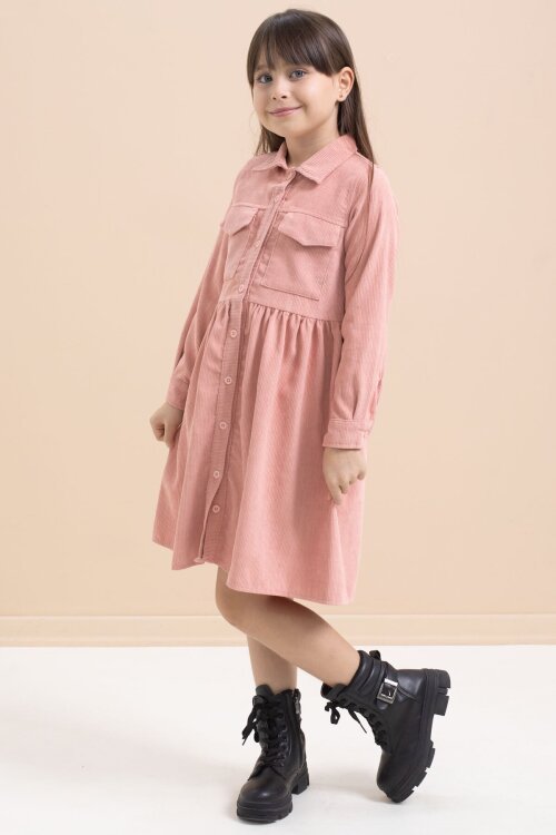 Pembe Kız Çocuk Cep Detaylı Kadife Desenli Elbise 21546