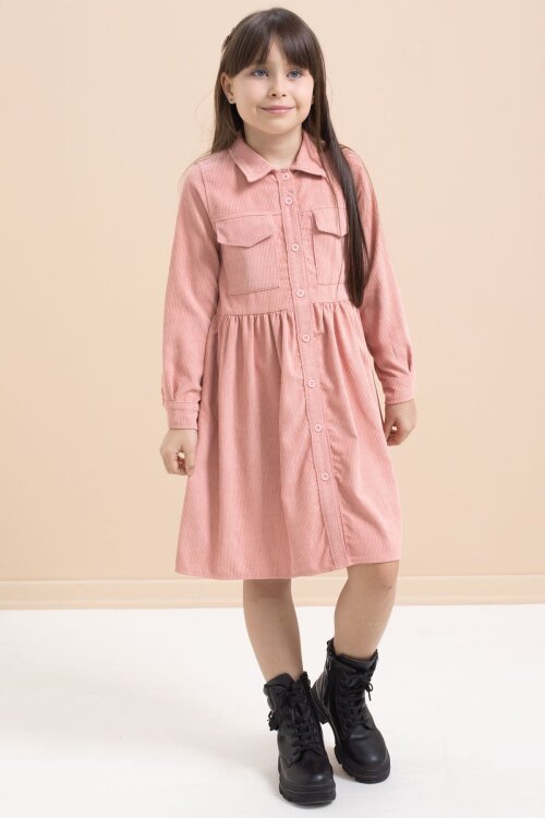 Pembe Kız Çocuk Cep Detaylı Kadife Desenli Elbise 21546