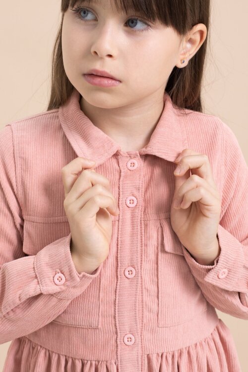 Pembe Kız Çocuk Cep Detaylı Kadife Desenli Elbise 21546