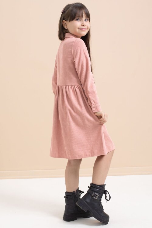 Pembe Kız Çocuk Cep Detaylı Kadife Desenli Elbise 21546