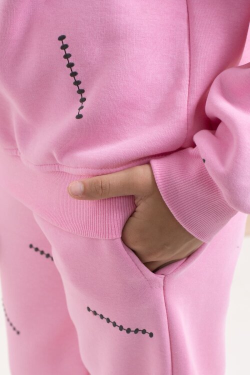 Pembe Kız Çocuk Desenli 3 İplik Şardonlu Geniş Paça Eşofman Takımı 22643