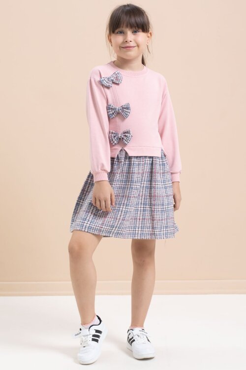 Pembe Kız Çocuk Fiyonk Detaylı Ekose Etekli Elbise 21532