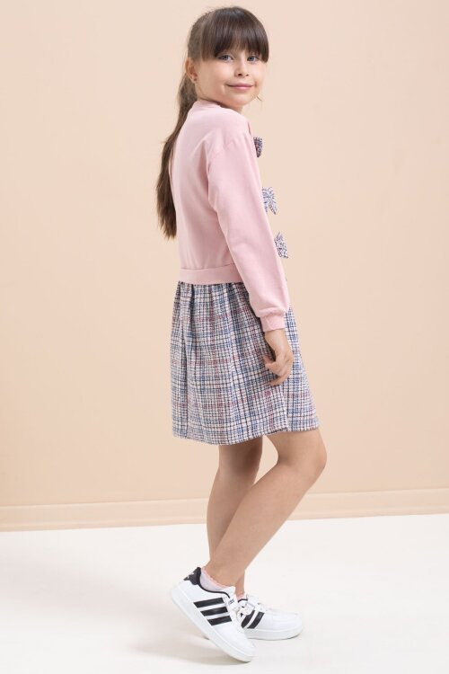 Pembe Kız Çocuk Fiyonk Detaylı Ekose Etekli Elbise 21532