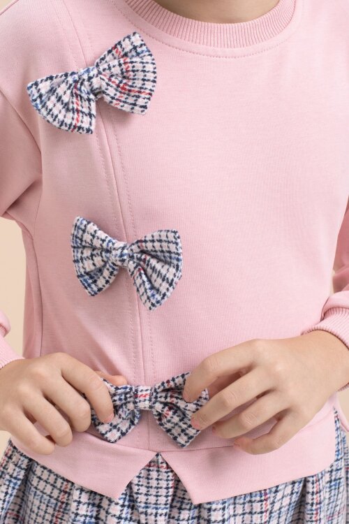 Pembe Kız Çocuk Fiyonk Detaylı Ekose Etekli Elbise 21532