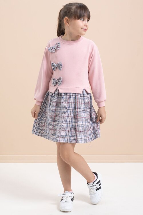 Pembe Kız Çocuk Fiyonk Detaylı Ekose Etekli Elbise 21532