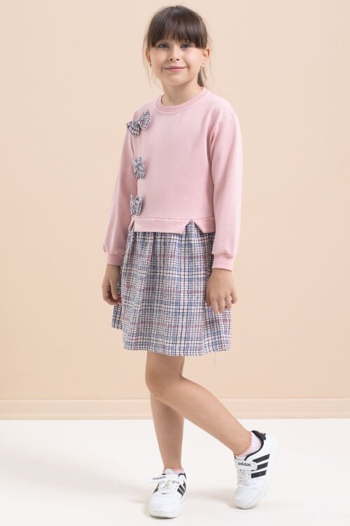 Pembe Kız Çocuk Fiyonk Detaylı Ekose Etekli Elbise 21532