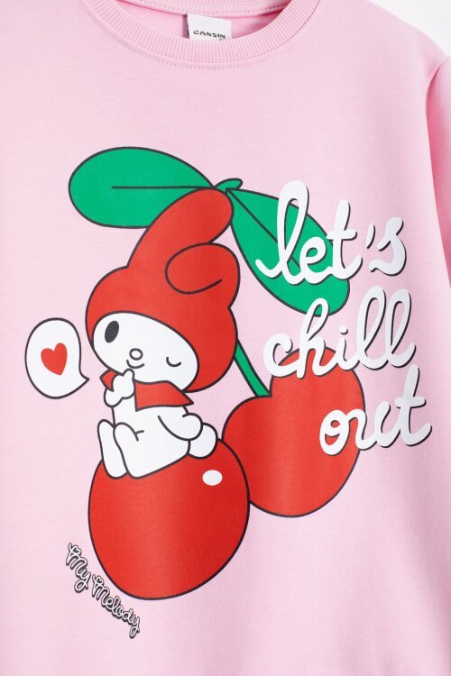 Pembe Kız Çocuk Kiraz Karakter Baskılı Bisiklet Yaka Eşofman Takımı 23269