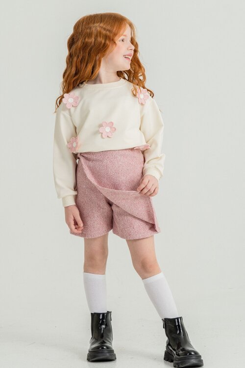 Pembe Kız Çocuk Papatya İşlemeli 2li Takım 21529