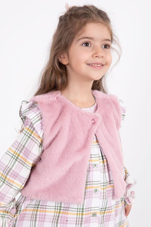 Pembe Kız Çocuk Peluş Yelekli Ekose Desenli Elbise 22696