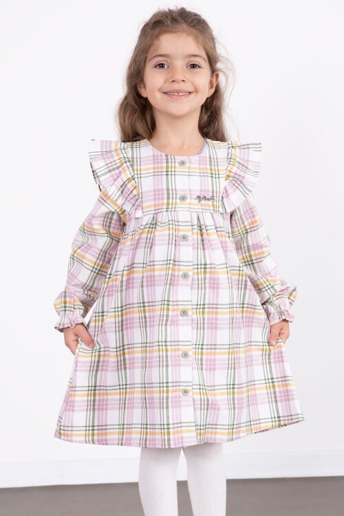 Pembe Kız Çocuk Peluş Yelekli Ekose Desenli Elbise 22696