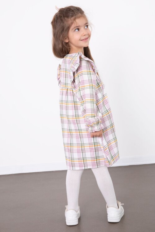 Pembe Kız Çocuk Peluş Yelekli Ekose Desenli Elbise 22696