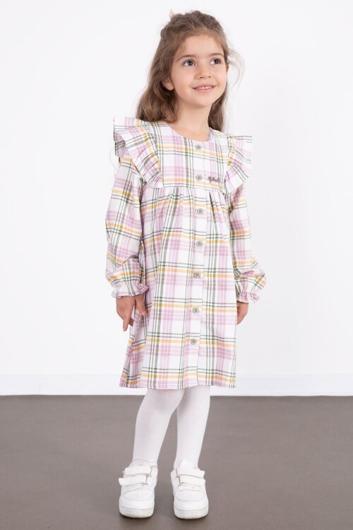 Pembe Kız Çocuk Peluş Yelekli Ekose Desenli Elbise 22696