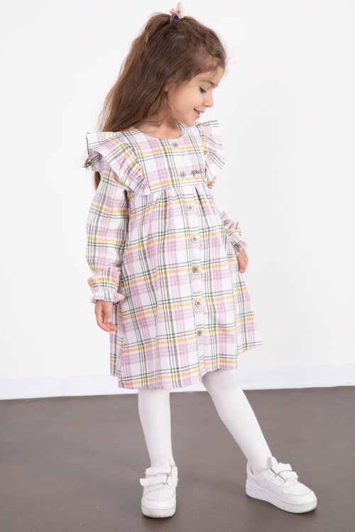 Pembe Kız Çocuk Peluş Yelekli Ekose Desenli Elbise 22696