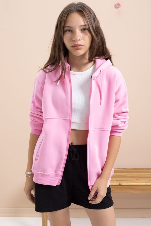 Pembe Kız Çocuk Şardonlu Kapüşonlu Hırka 21519