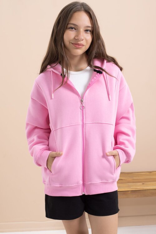 Pembe Kız Çocuk Şardonlu Kapüşonlu Hırka 21519