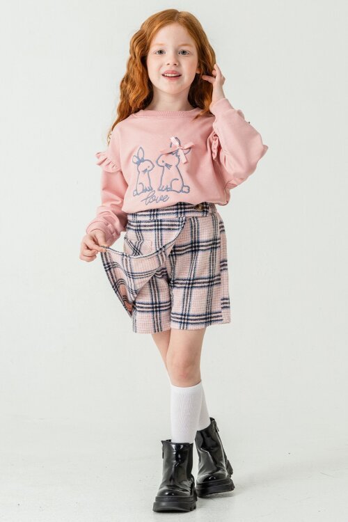 Pembe Kız Çocuk Tavşan Nakışlı Ekose Desenli Şort Etekli 2li Takım 21537