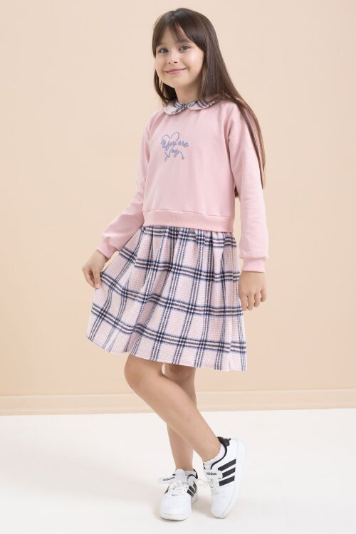 Pembe Kız Çocuk Yazı Baskılı Ekose Desenli Elbise 21543