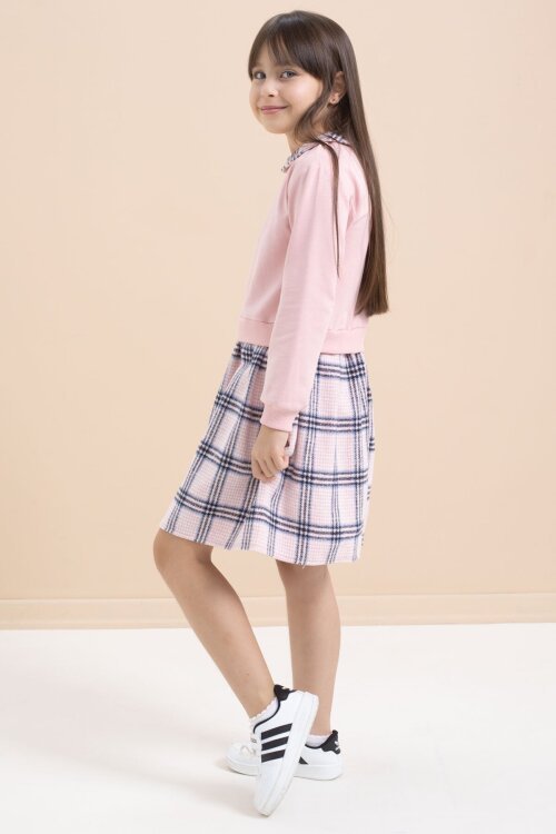 Pembe Kız Çocuk Yazı Baskılı Ekose Desenli Elbise 21543